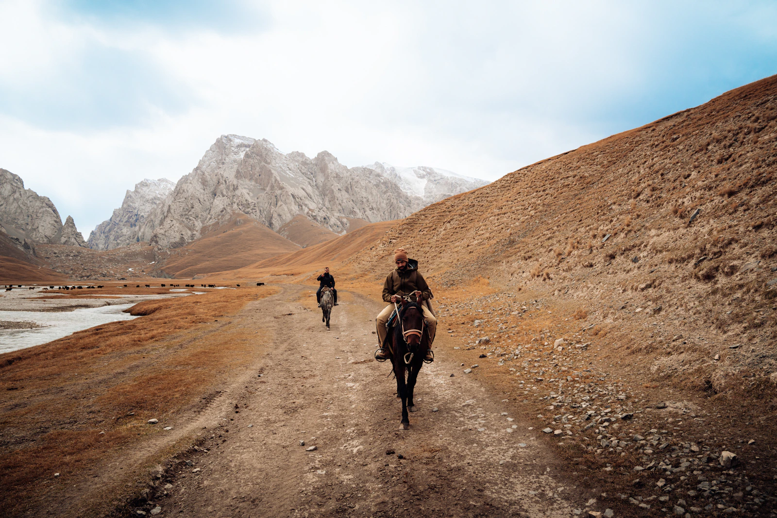 Horse riders in Kyrgyzstan mountain valley