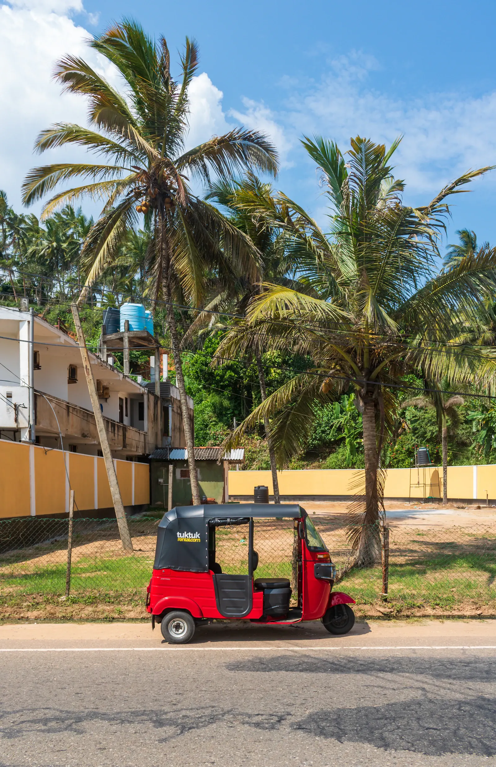 Red tuk tuk alongside a palm-lined road in Mirissa, Sri Lanka