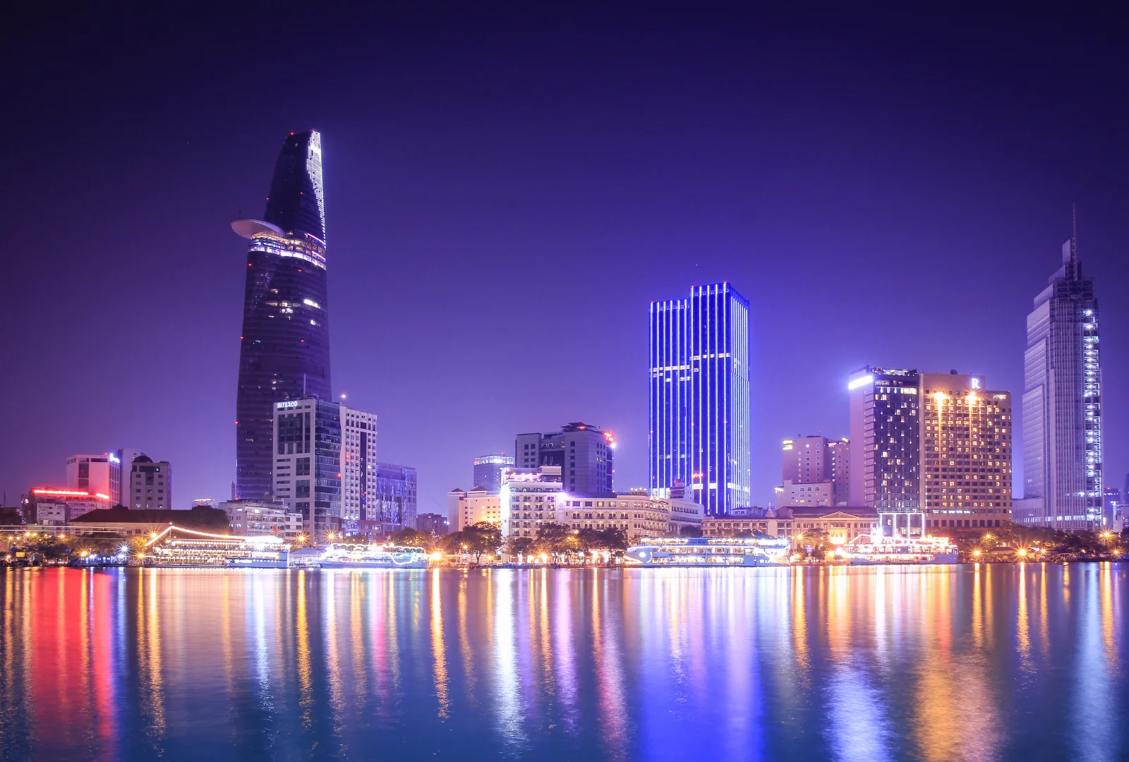 Ho Chi Minh City skyline across the river at night